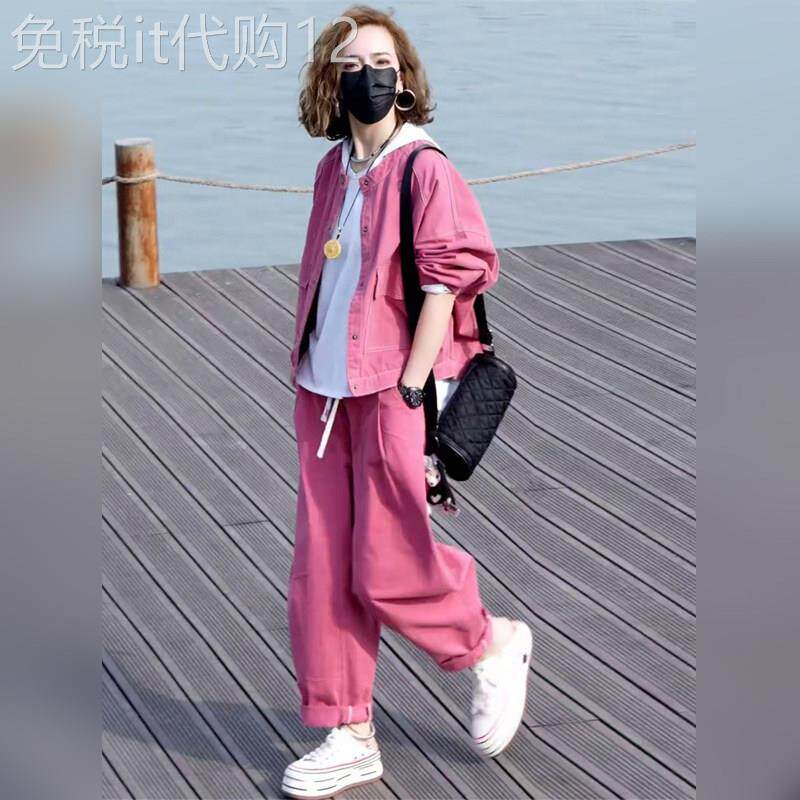 潮牌时尚洋气休闲三件套装女春新款宽松显瘦立领外套+打底+哈伦裤