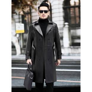 秋冬海宁真皮皮衣男士牛皮皮风衣长款过膝西装领加绒皮大衣薄外套