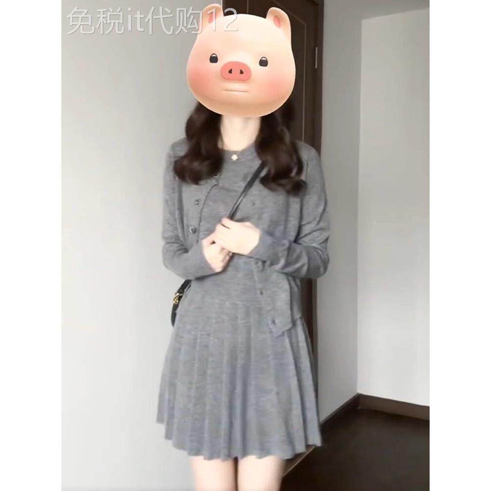 日式早秋新套装灰色优雅连衣裙女韩式小开衫百褶裙三件套