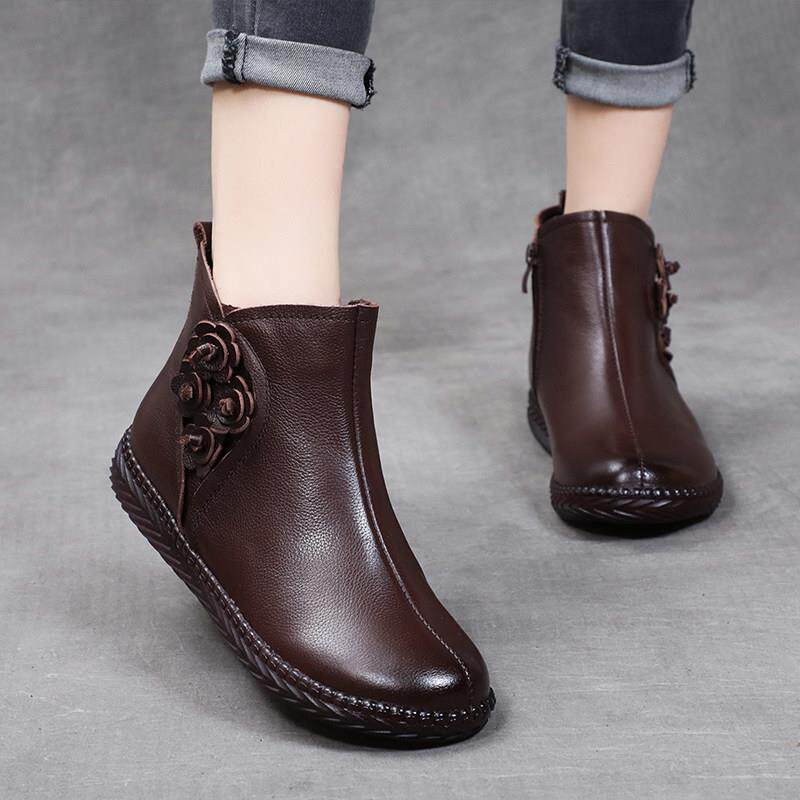 真皮牛筋底妈妈短靴女秋冬棉靴中老年软底覆古马丁靴平底老人棉鞋