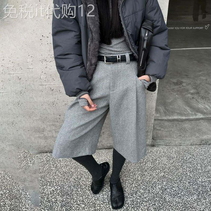 灰色毛呢七分裤女2025冬季新款高级感法式复古百搭高腰显瘦直筒裤