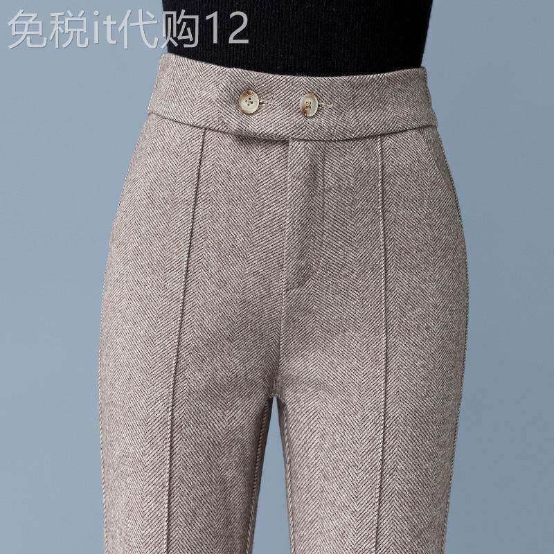高腰显瘦毛呢裤秋冬加绒女裤小个子直筒卡其色加厚保暖长裤