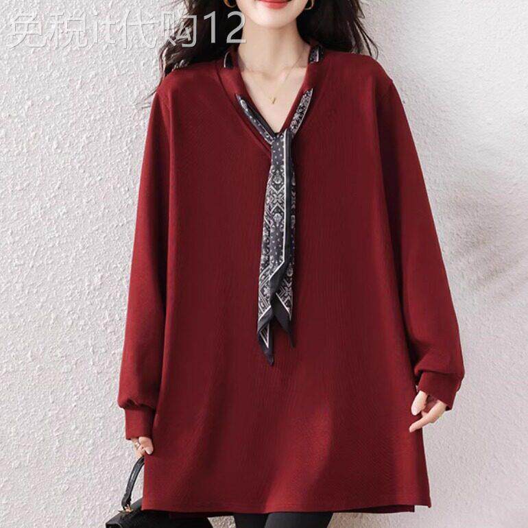 休闲长袖卫衣女春秋装新款时尚设计感V领方巾系带中长款宽松上衣