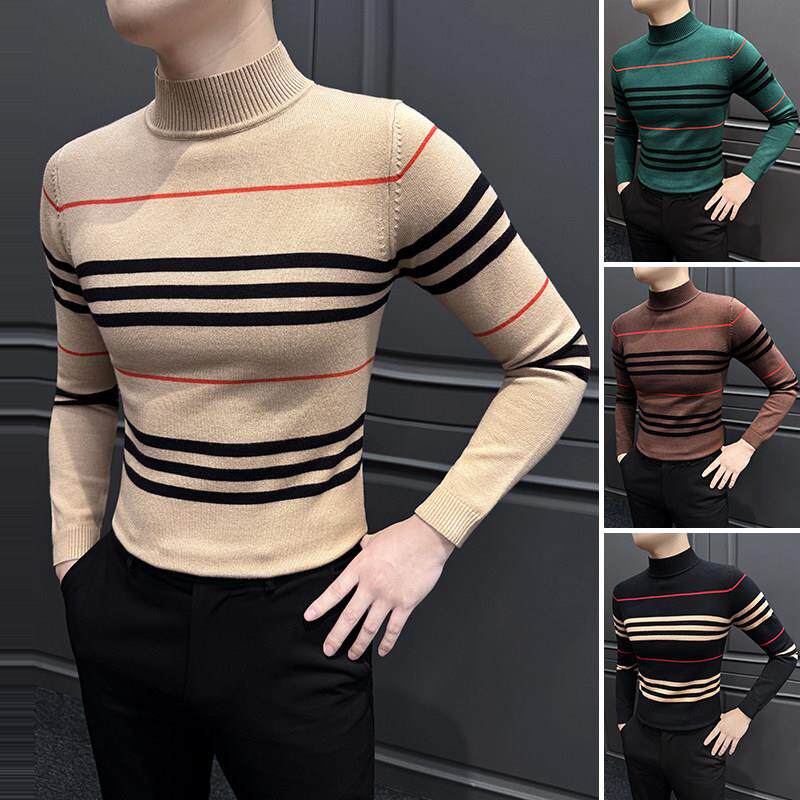 潮流轻奢撞色条纹针织衫男士高级感毛衣冬季新款半高领内搭打底衫