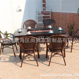 新款 直销户外桌椅休闲编藤椅三件套阳台室外庭院商业街奶茶竹滕椅