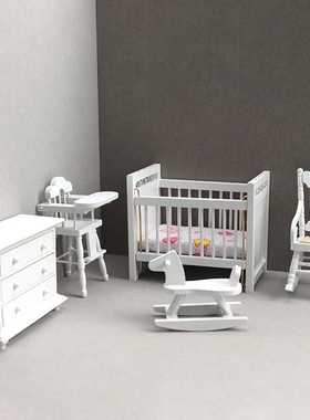 新款直销1:12娃娃屋dollhouse迷你家具白色儿童房套装儿童床摇摇