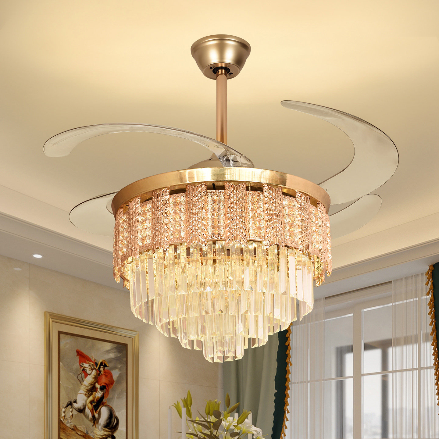 欧式水晶隐形吊扇灯客厅卧室饭厅吊扇灯家用吊扇灯遥控变频吊扇灯