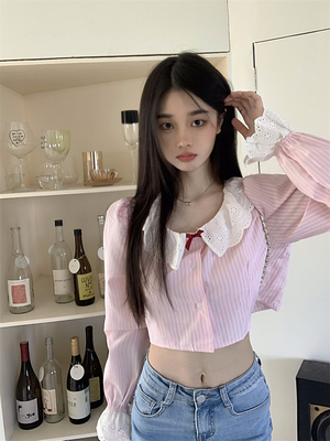 学院风娃娃领条纹衬衫女秋季露脐衬衣喇叭袖长袖防晒短款开衫上衣