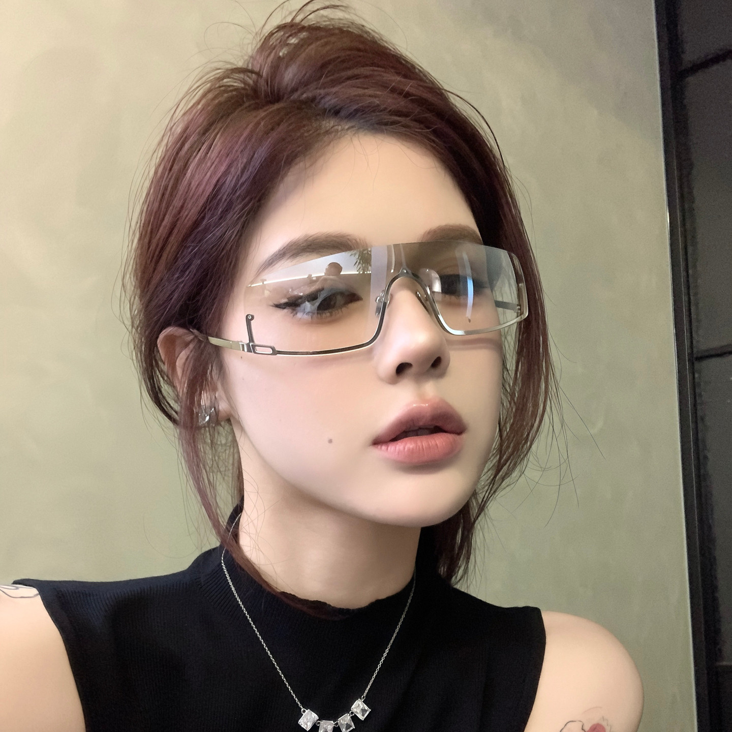 复古金属水银色半框欧美辣妹风Y2K墨镜潮流街拍防紫外线太阳眼镜