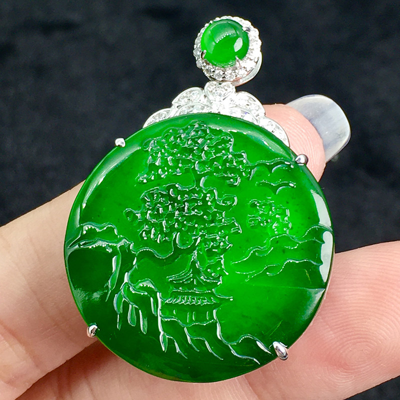 七小匠天然缅甸老坑a货翡翠冰种阳绿山水牌18k金镶嵌翡翠吊坠男士