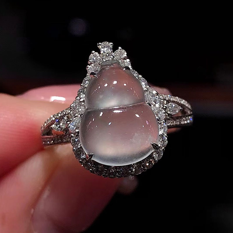 七小匠天然缅甸老坑a货翡翠冰种白冰底色18k镶嵌翡翠葫芦戒指女