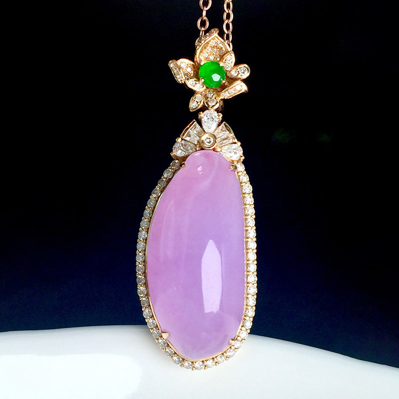 七小匠缅甸老坑天然a货翡翠紫罗兰福瓜18k金镶嵌翡翠吊坠女士
