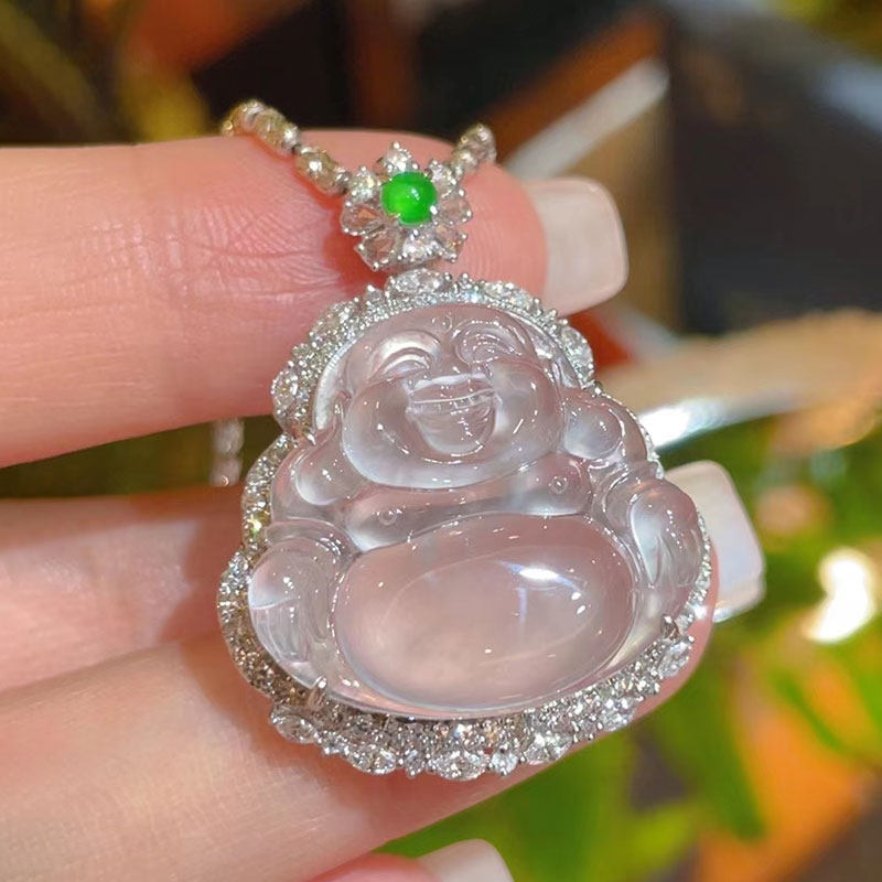 七小匠天然缅甸老坑a货翡翠冰种白冰水润18k镶嵌翡翠玉佛公吊坠