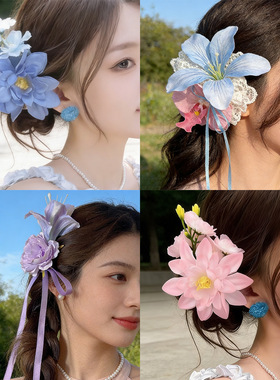 甜美度假风蓝色仿真花发夹