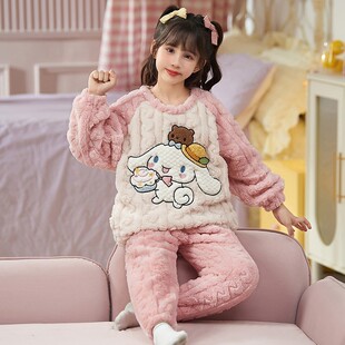 加厚 儿童睡衣珊瑚绒女孩家居服套装 女童睡衣法兰绒2024新款 秋冬季