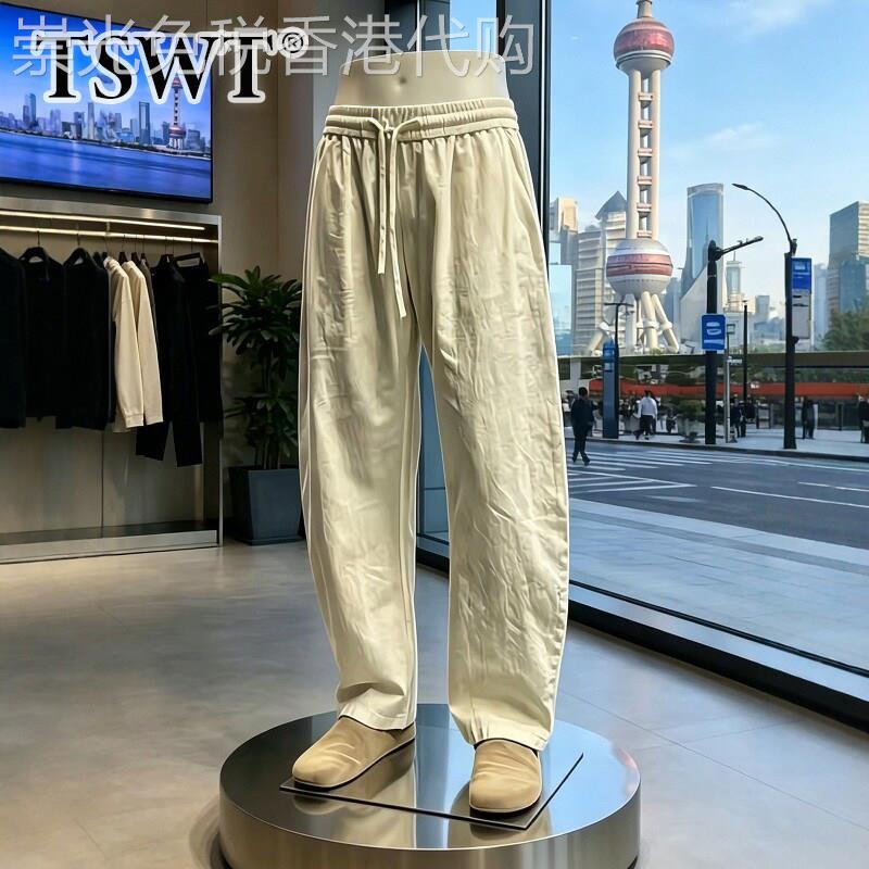高端老钱风卡其色弯刀裤男款夏季薄款棉麻速干透气冰丝垂感直筒裤