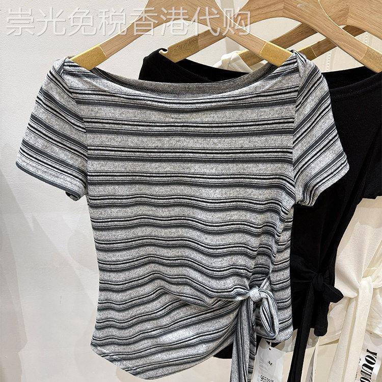条纹短袖T恤女2026夏季新款设计感不规则收腰显瘦一字肩套头上衣