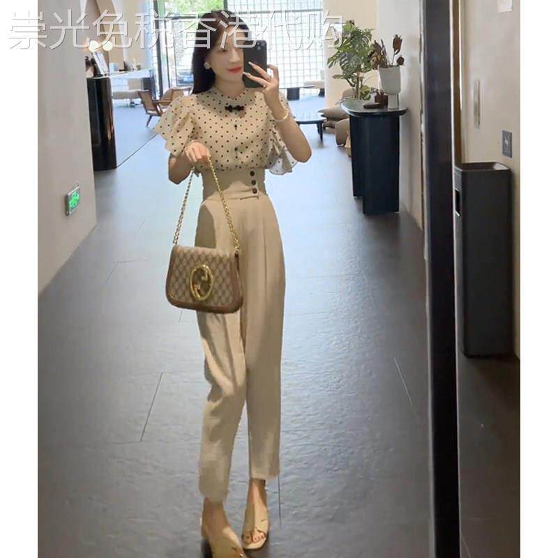 韩国干练气质女装套装夏季小众不撞款荷叶边雪纺衬衫西装裤两件套