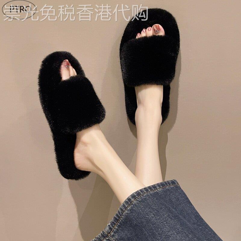 网红爆款毛毛拖鞋女外穿春秋季2025新款防滑百搭孕妇一字毛绒棉拖