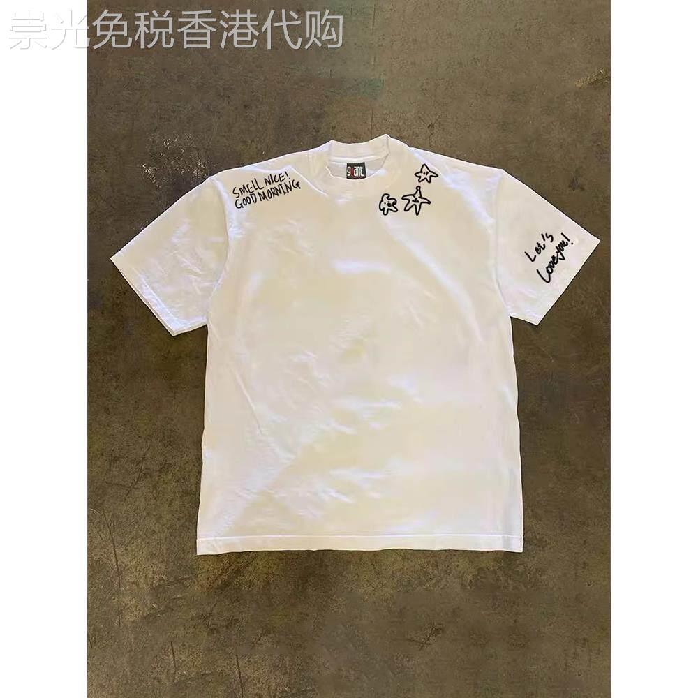 三本针260g纯棉双纱短袖潮流星星字母印花男女宽松百搭情侣T恤