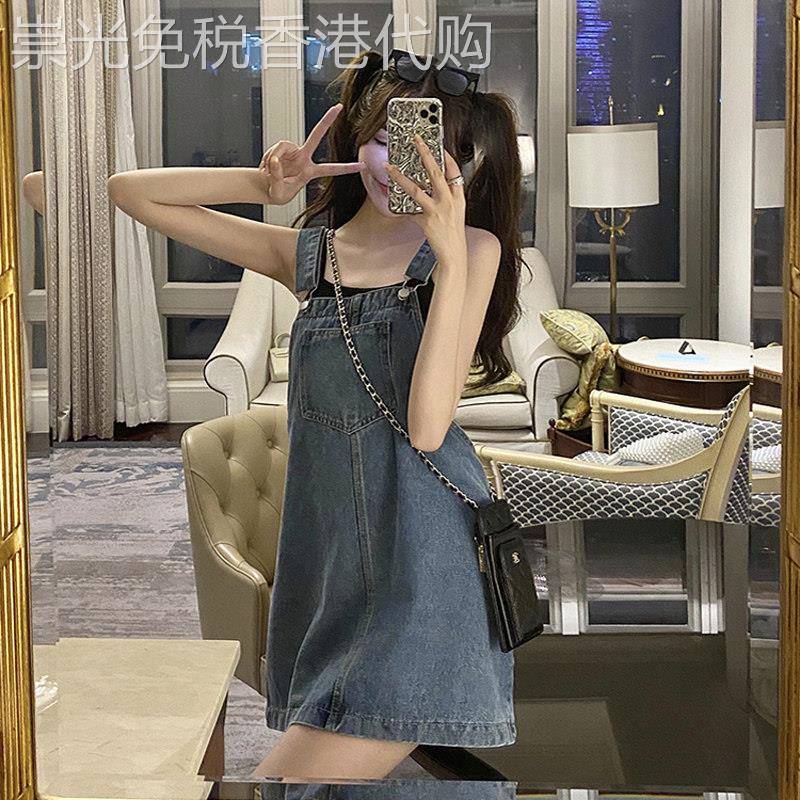牛仔吊带洋装女夏季抱婴袋裙薄款学生小个子减龄可爱大尺码胖mm短