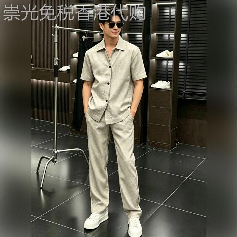 高端男士老钱风休闲套装潮夏季薄款透气宽松翻领慵懒短袖衬衫长裤