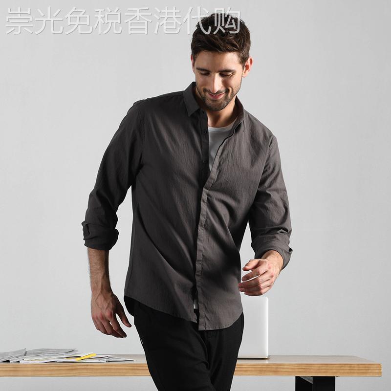IT ins潮牌衬衫男士春秋纯棉做皱暗门襟修身纯色文艺休闲长袖衬衣