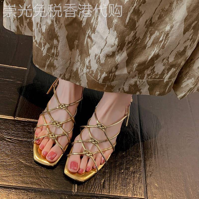 爱琴海~法式度假风细带打结金色露趾凉鞋女复古编织中跟罗马鞋3cm