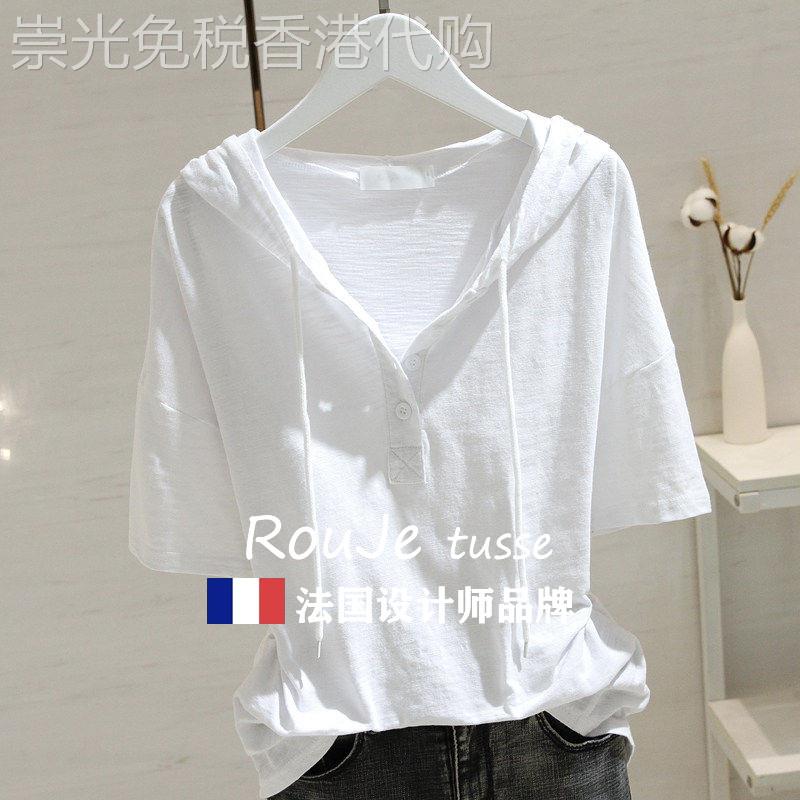 Rouje tusse白色连帽t恤女短袖夏季宽松显瘦竹节棉半袖T恤上衣