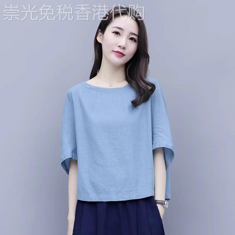 中年妈妈棉麻短袖T恤女夏季薄款宽松大尺码胖mm遮肚子亚麻高端上