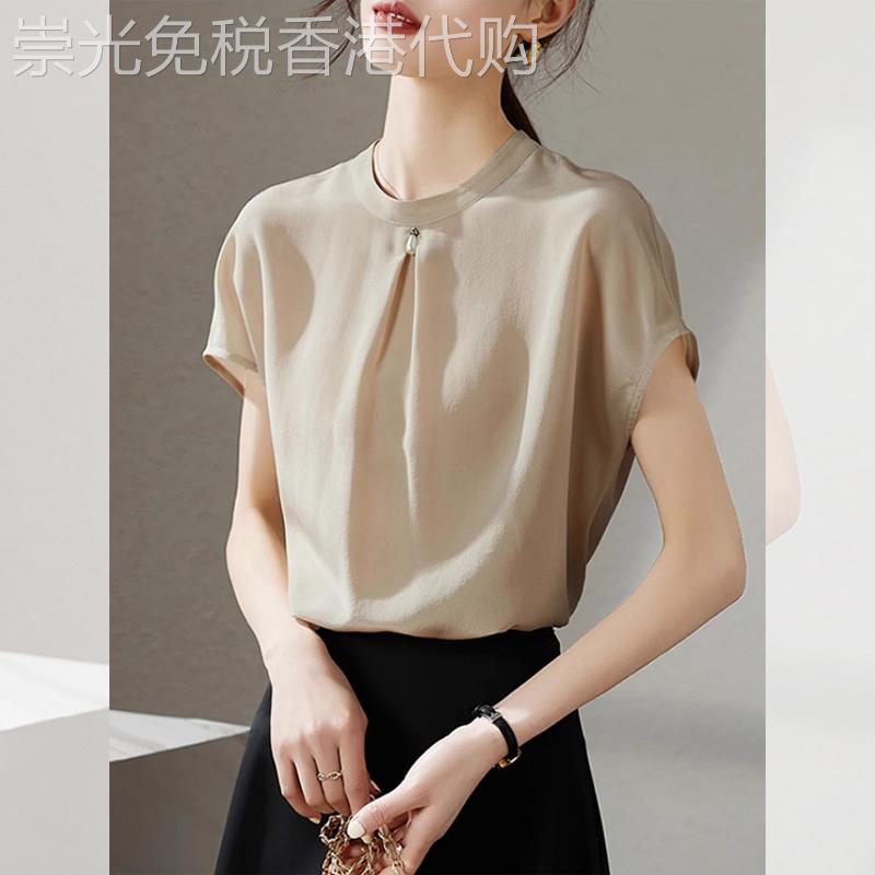 小众宽松显瘦香槟色短袖衬衫夏季新款女独特上衣小衫别致百搭套头