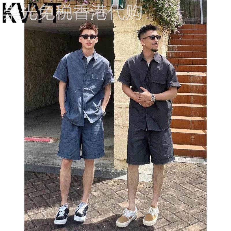 潮牌男款短袖衬衫短裤穿搭一整套男士夏季工装套装时尚痞帅气男装