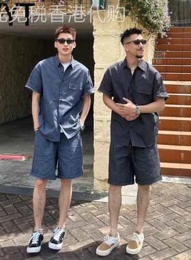 潮牌男款短袖衬衫短裤穿搭一整套男士夏季工装套装时尚痞帅气男装