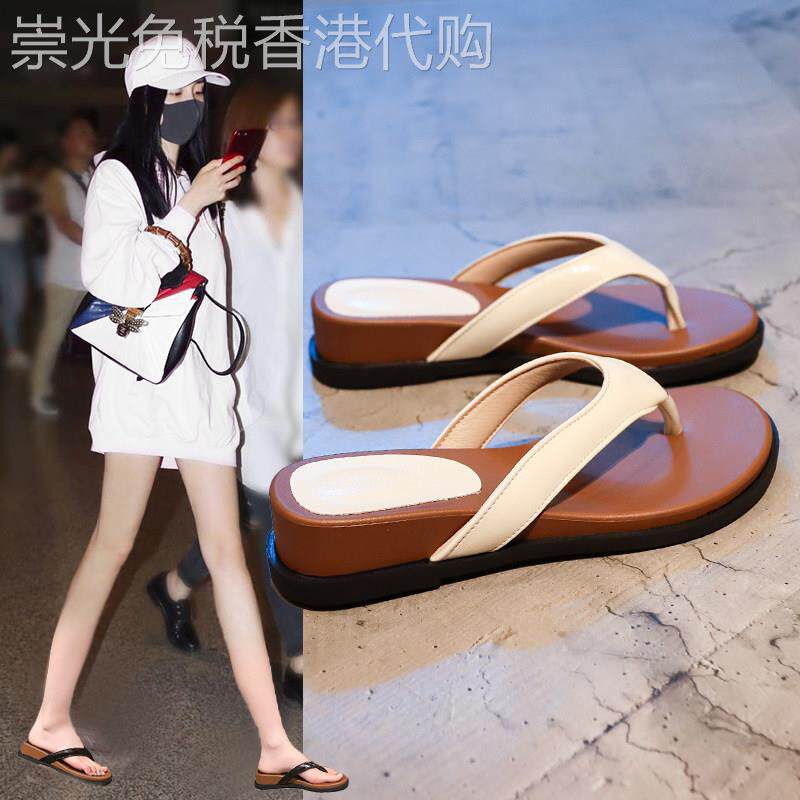 香港真皮厚底增高人字拖女夏外穿2026新款超火跛跟海边沙滩一字拖