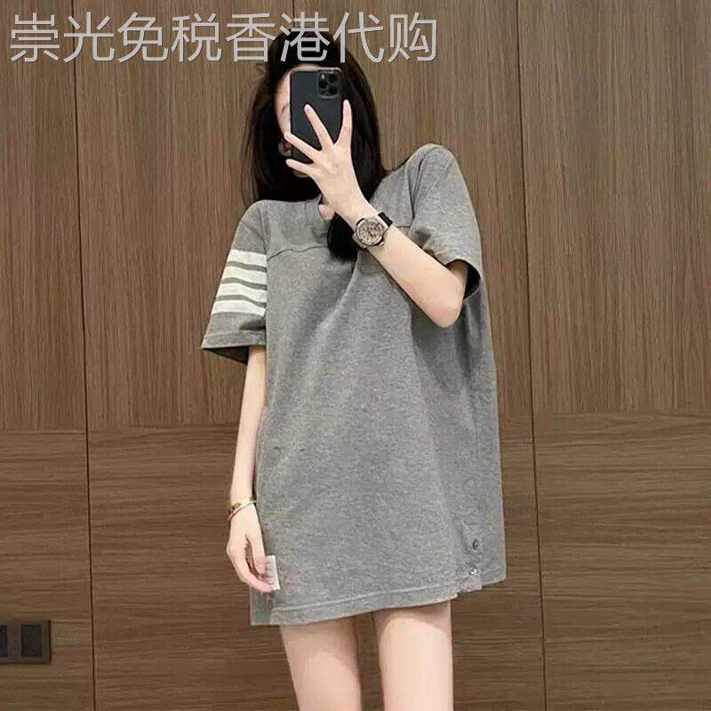 欧货四条杠纯棉tb短袖T恤女夏宽松上衣中长版遮屁股设计感小众潮