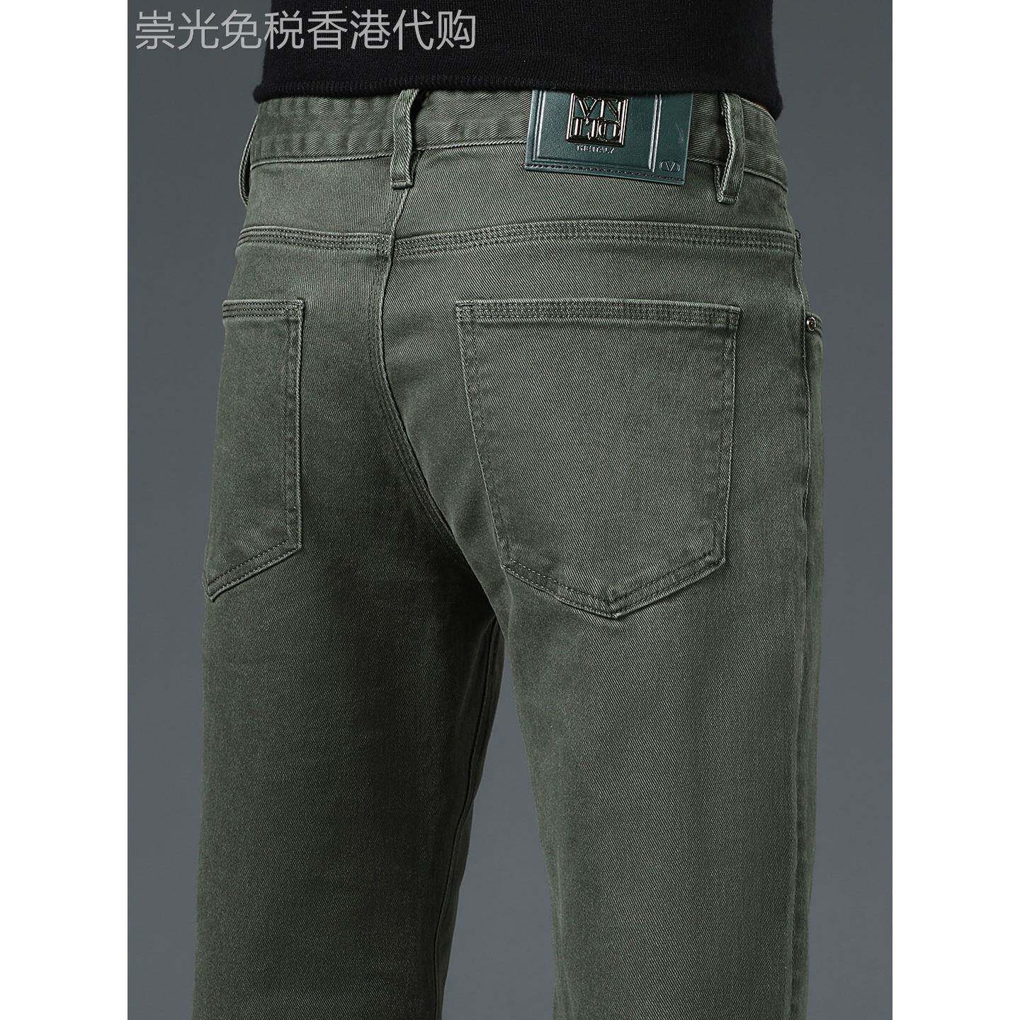 香港纯棉军绿色牛仔裤男春秋款直筒修身2025新款弹力休闲长裤子