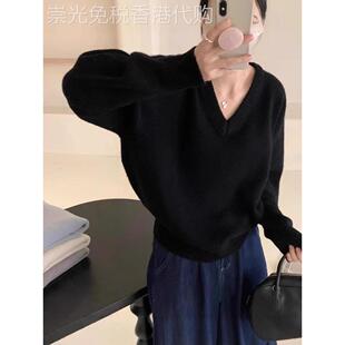日系高级感黑色v领毛衣女秋冬慵懒风软糯内搭打底针织衫宽松上衣