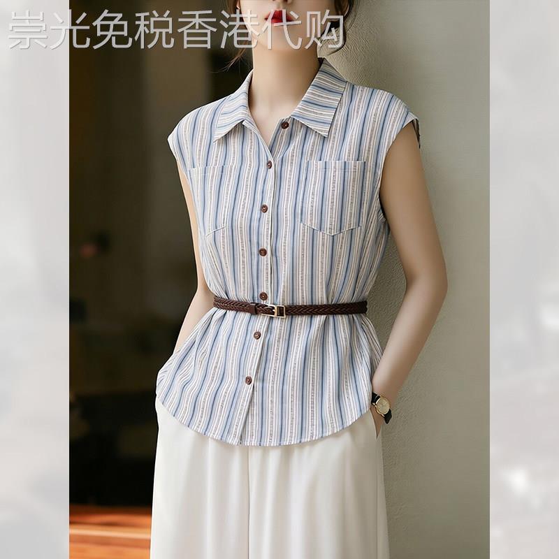 别致轻熟风Polo领条纹衬衫女夏季2026年新款减龄无袖小衫上衣百搭
