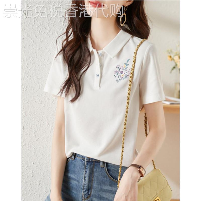 休闲翻领短袖T恤女夏季新款时尚设计感刺绣女士POLO领半袖上衣薄