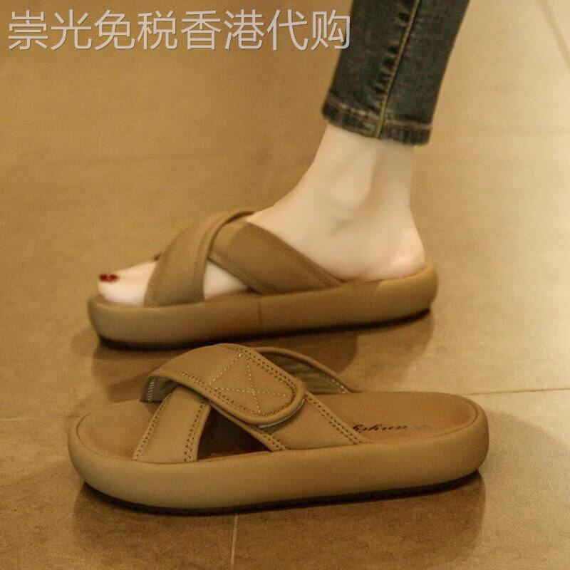 真皮厚底凉拖鞋女夏季外穿2026新款魔术贴复古一字拖海边沙滩凉鞋