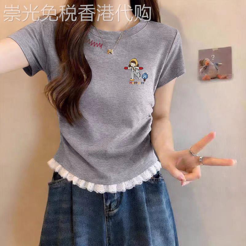 2026新款夏装蕾丝花边半袖T恤女士纯棉显瘦百搭短袖收腰洋气上衣