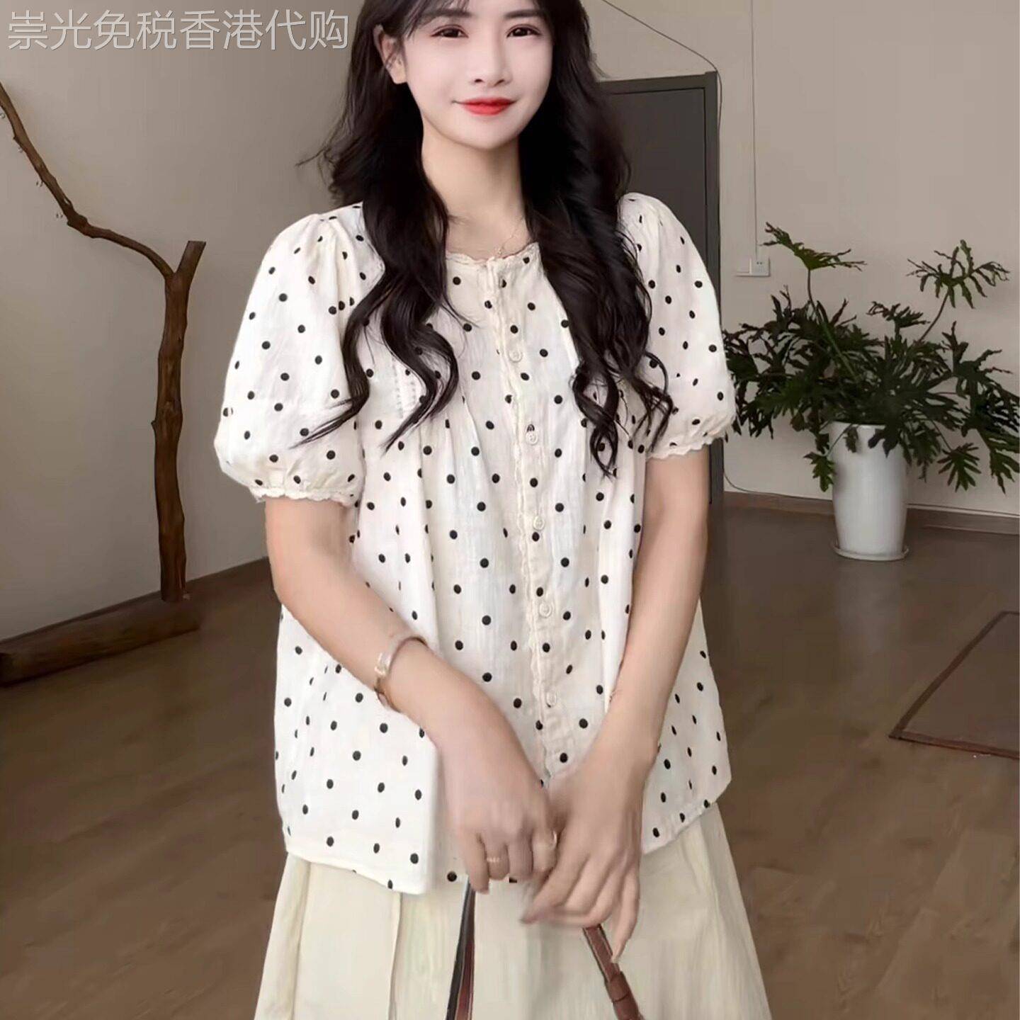 圆领波点短袖衬衫女夏季设计感小众2025年新款全棉宽松泡泡袖上衣