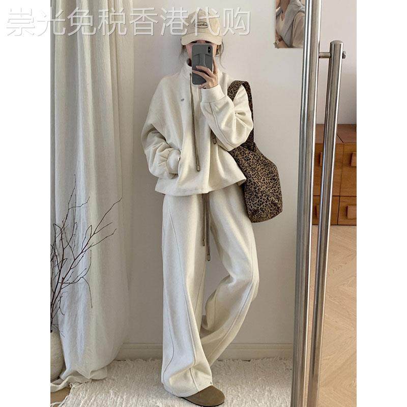 欧洲站运动套装女秋冬新款加绒加厚时尚立领卫衣阔腿裤休闲两件套