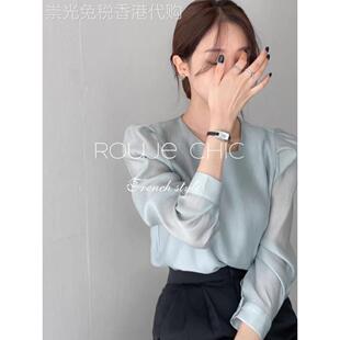 法国鲁杰时尚简约风格纯色雪纺蓬松长袖衬衫女士春季高级法式衬衫