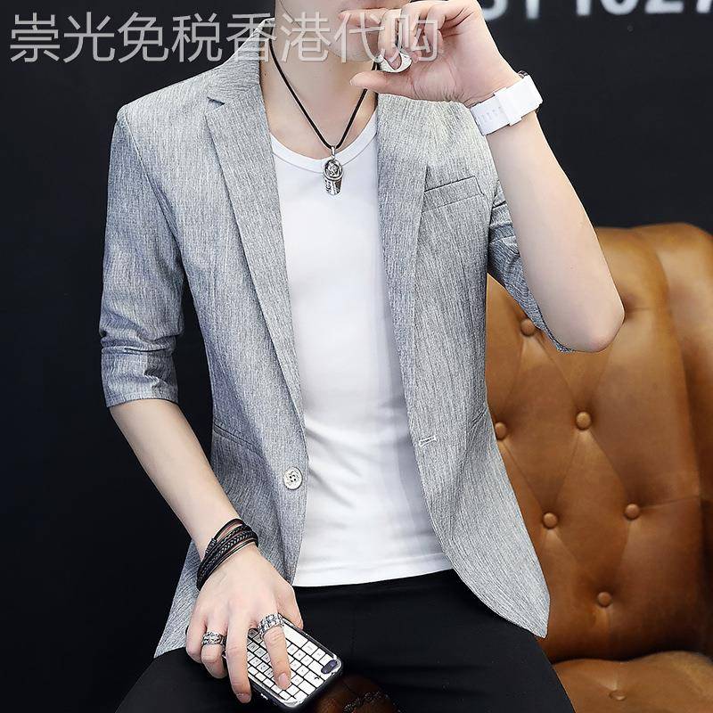夏季中袖小西服男薄款五分袖西装修身短袖单西七分袖防晒衣外套潮