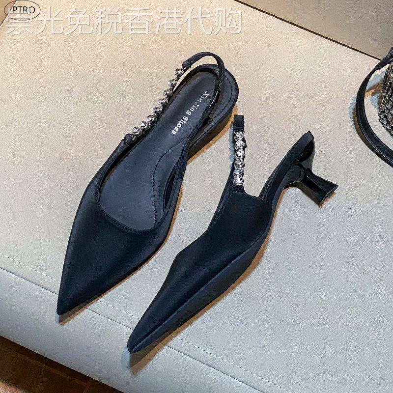 真皮黑色低跟包头凉鞋女夏季2026新款细跟尖头高跟鞋水钻气质单鞋