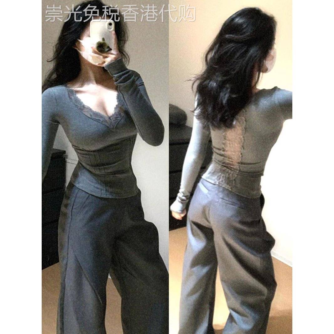 欧货蕾丝V领长袖T恤女秋季新款纯欲风后背镂空打底衫修身显瘦上衣