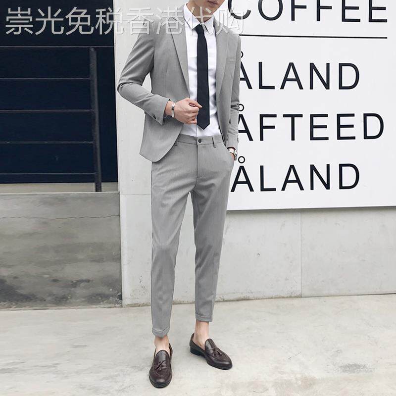 休闲 西装男套装韩版修身新郎结婚礼服潮流商务正装九分裤男士西