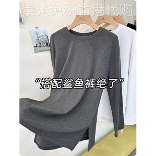 专柜大版中长款遮屁股长袖打底衫女2025秋季叠穿宽松圆领t恤上衣