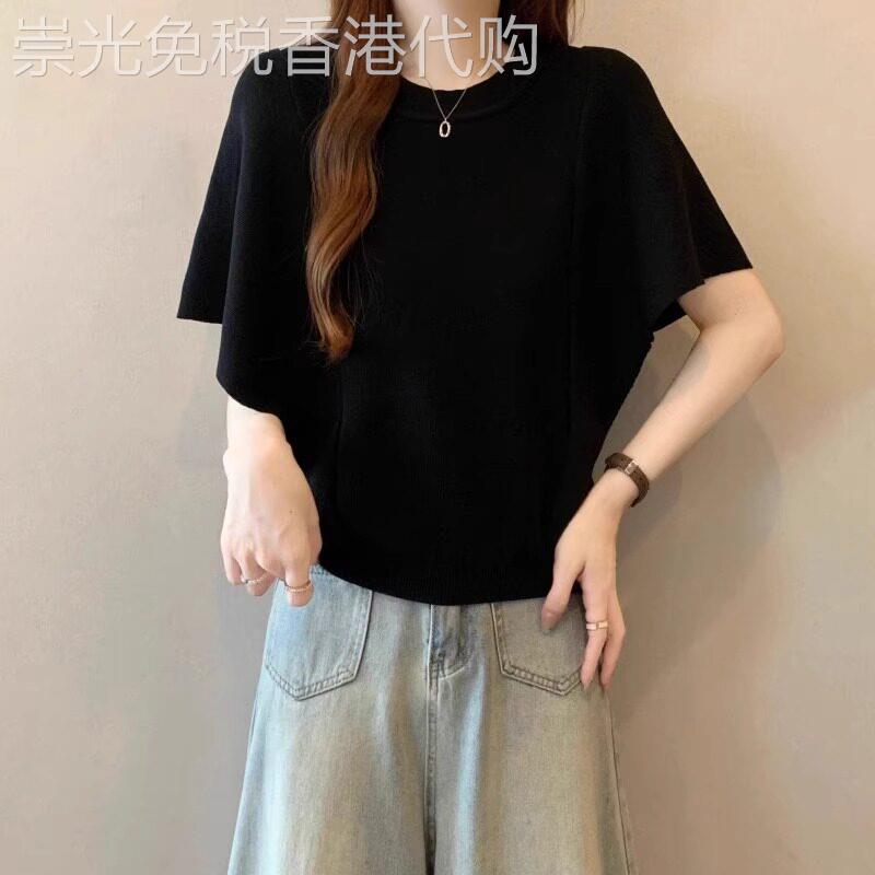 高级感冰丝针织短袖T恤女2026夏大码胖mm收腰显瘦遮肚蝙蝠袖上衣